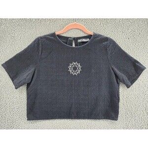 Disturbia Womens Shirt Size 10 Broderie Black Boxy Fit Cropped Heart Chakra Goth